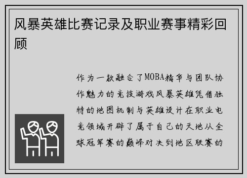 风暴英雄比赛记录及职业赛事精彩回顾